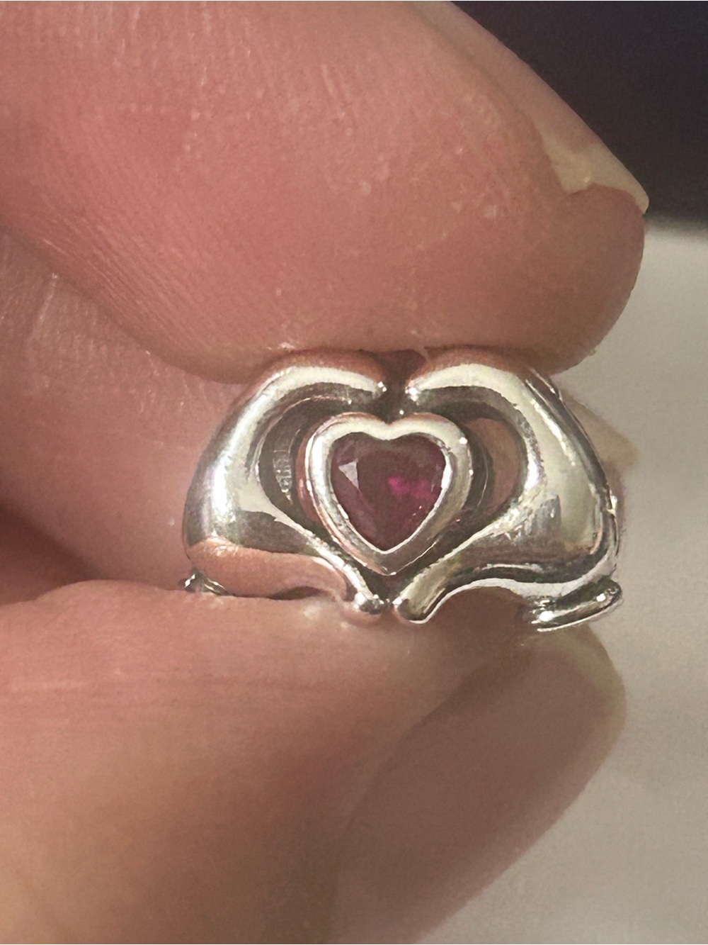 Pandoraw Hand of Heart Sterling Silver Charm with Pink Synthetic Ruby